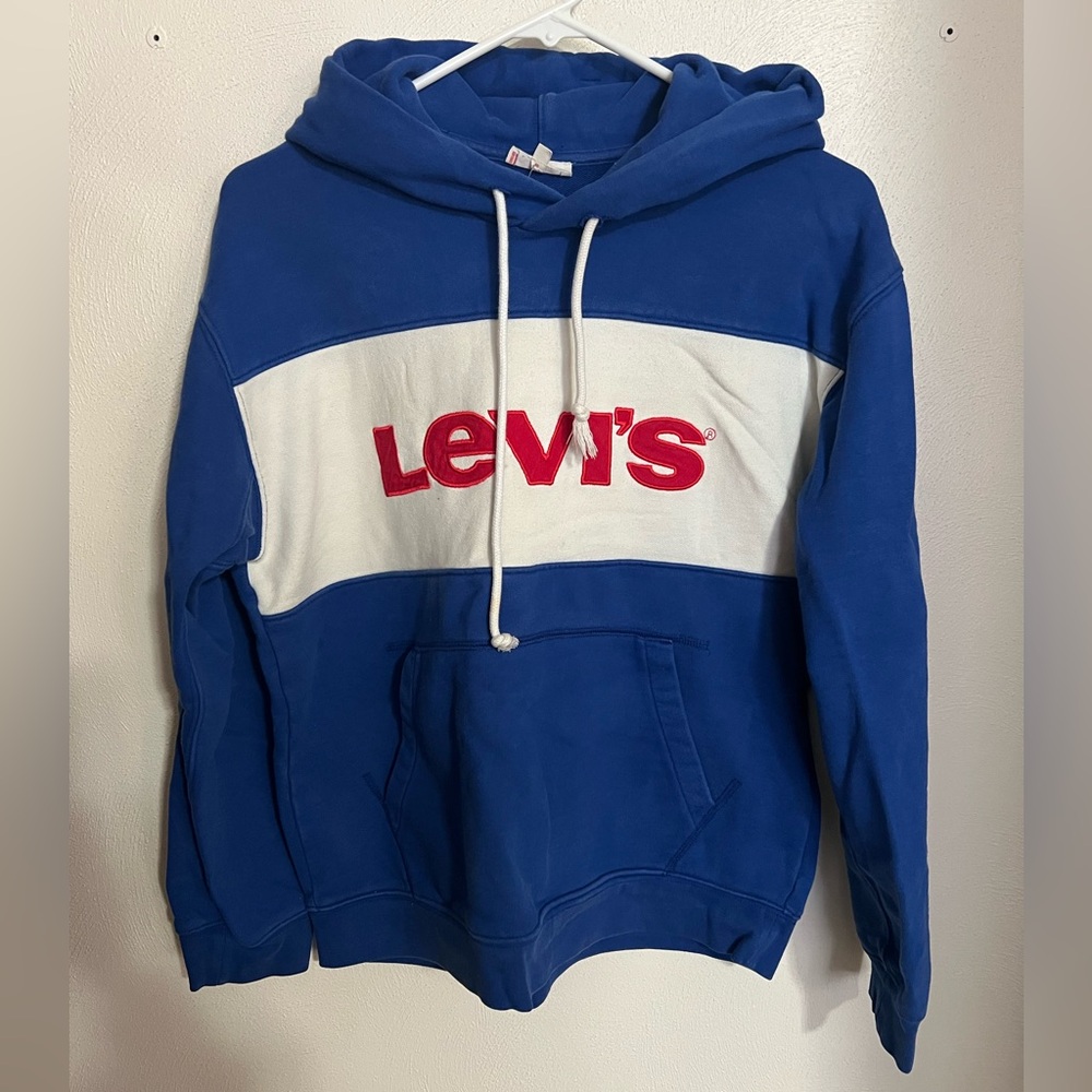 LEVI'S Classic Color Block Casual Logo Embroidered Hoodie Blue White Red Wms XS